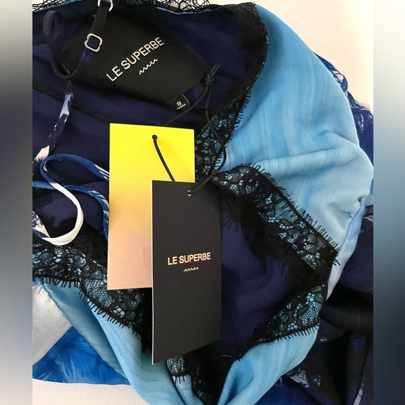 LE SUPERBE Helenas Palm Tree Mini Slip Dress Sz 8 Ocean Blue lace trim - Picture 10 of 12